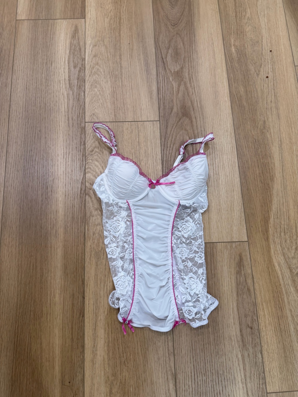 Y2K Playboy White & Pink Lace Chemise Bodysuit - Women's Intimates